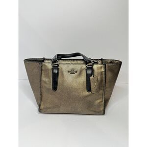 Coach Metallic Mini Crosby Pebbled Leather Tote Bag Gold Black Purse Carryall